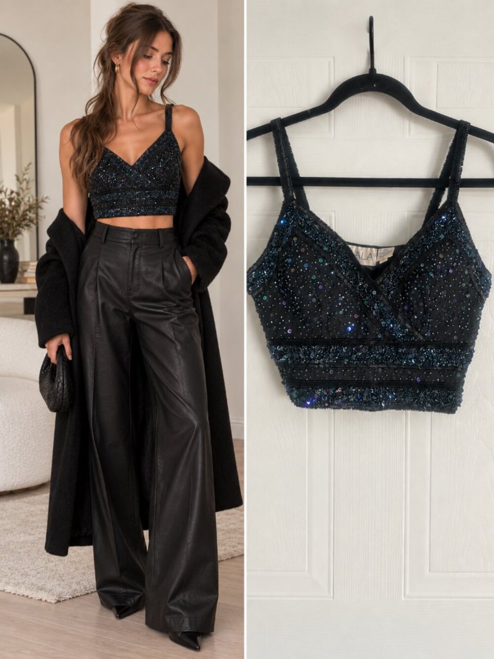 Scala Black Iridescent Beaded Sequin Crop Top Cami Tailored Dark Academia 90s S